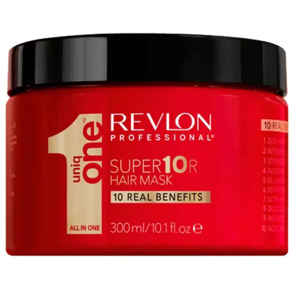 Barattolo rosso con coperchio nero. Scritta: Revlon Professional, Super10R Hair Mask, 10 Real Benefits. 300ml/10.1 Fl.oz.e.