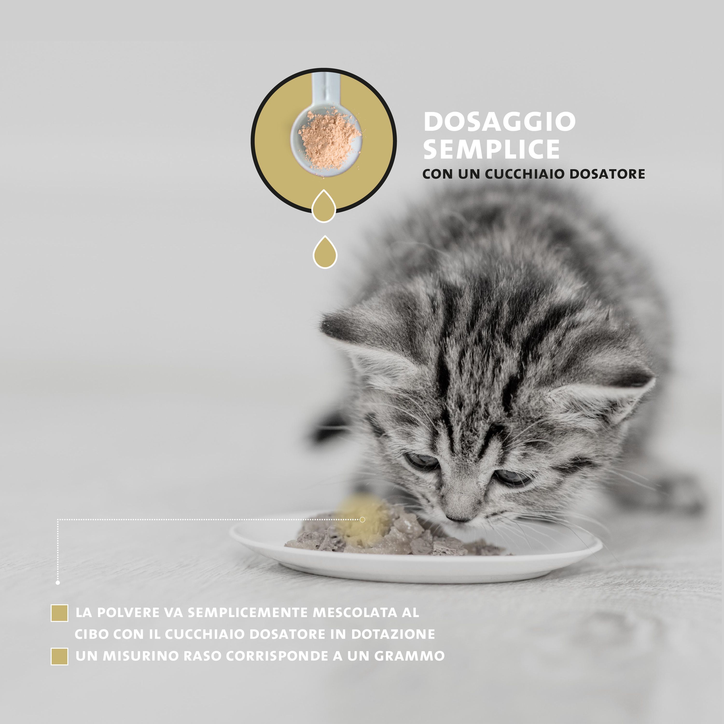 Gatto mangia da una ciotola. Testo: Dosaggio facile con misurino. Polvere mescolata al cibo. 1 misurino = 1 grammo.