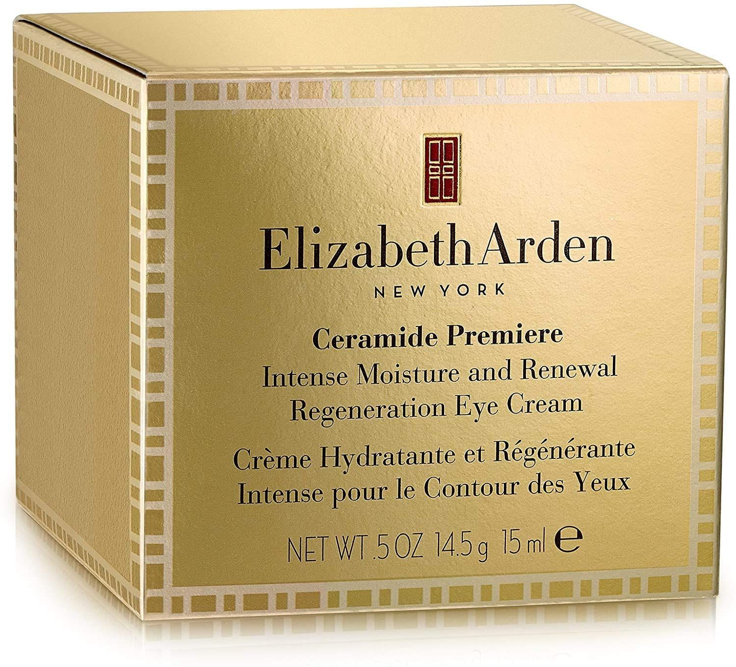 Scatola dorata con informazioni sul prodotto. Sulla scatola c'è scritto Elizabeth Arden. Su sfondo bianco.