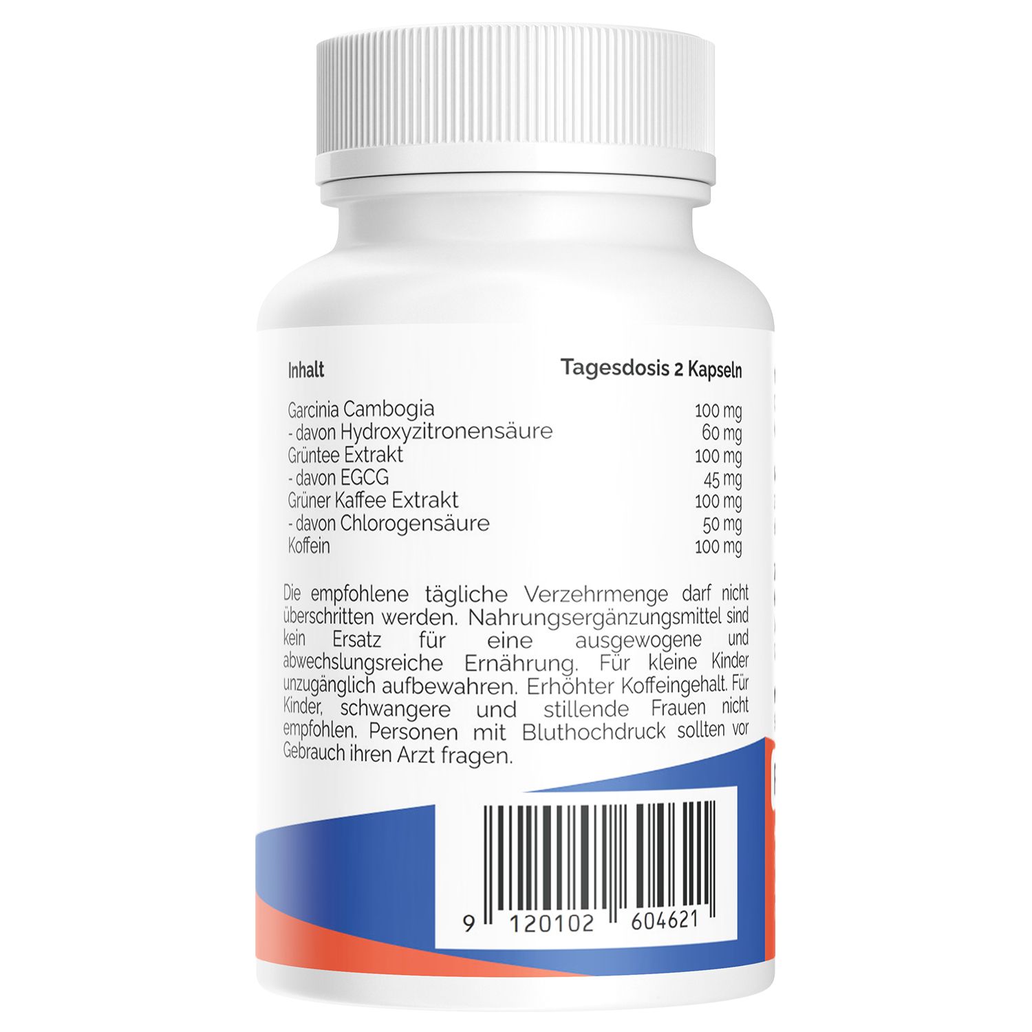 Retro di un flacone bianco con capsule. Testo: Ingredienti, dose giornaliera, avvertenze. Codice a barre.