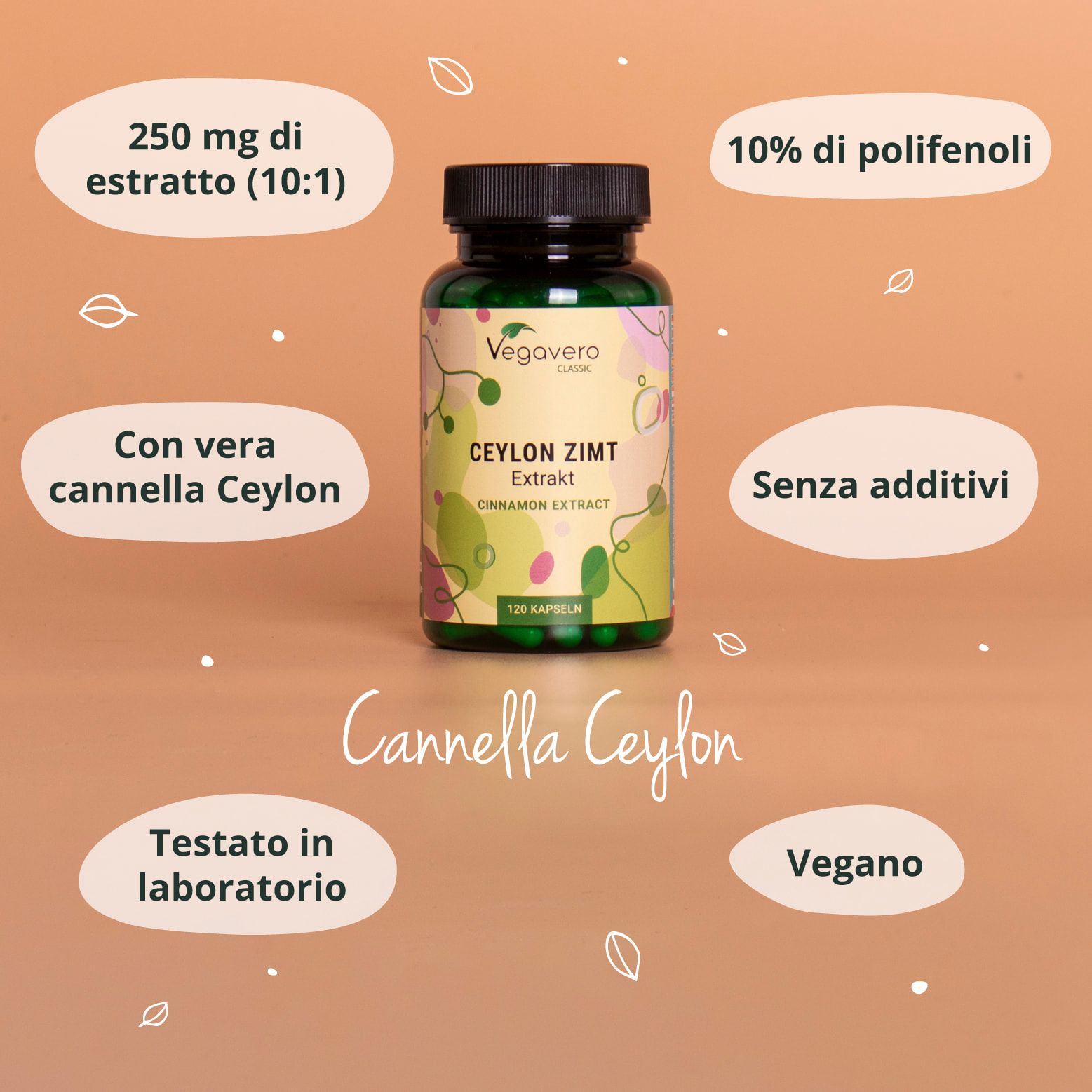 Bottiglia verde con tappo nero. Scritta: Ceylon Zimt Extrakt, 120 capsule. Ulteriori informazioni.