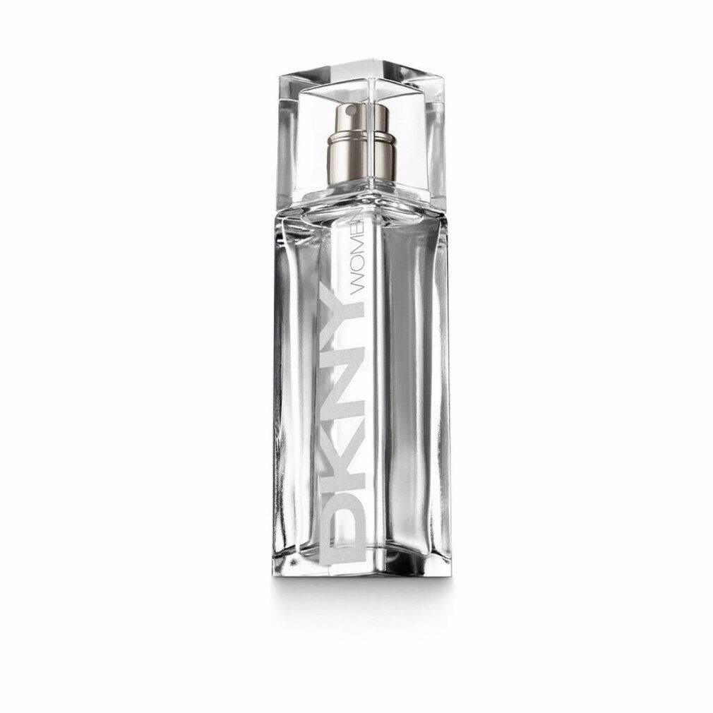 Flacone di eau de toilette DKNY Women. Flacone trasparente con vaporizzatore argentato e scritta. Forma quadrata.