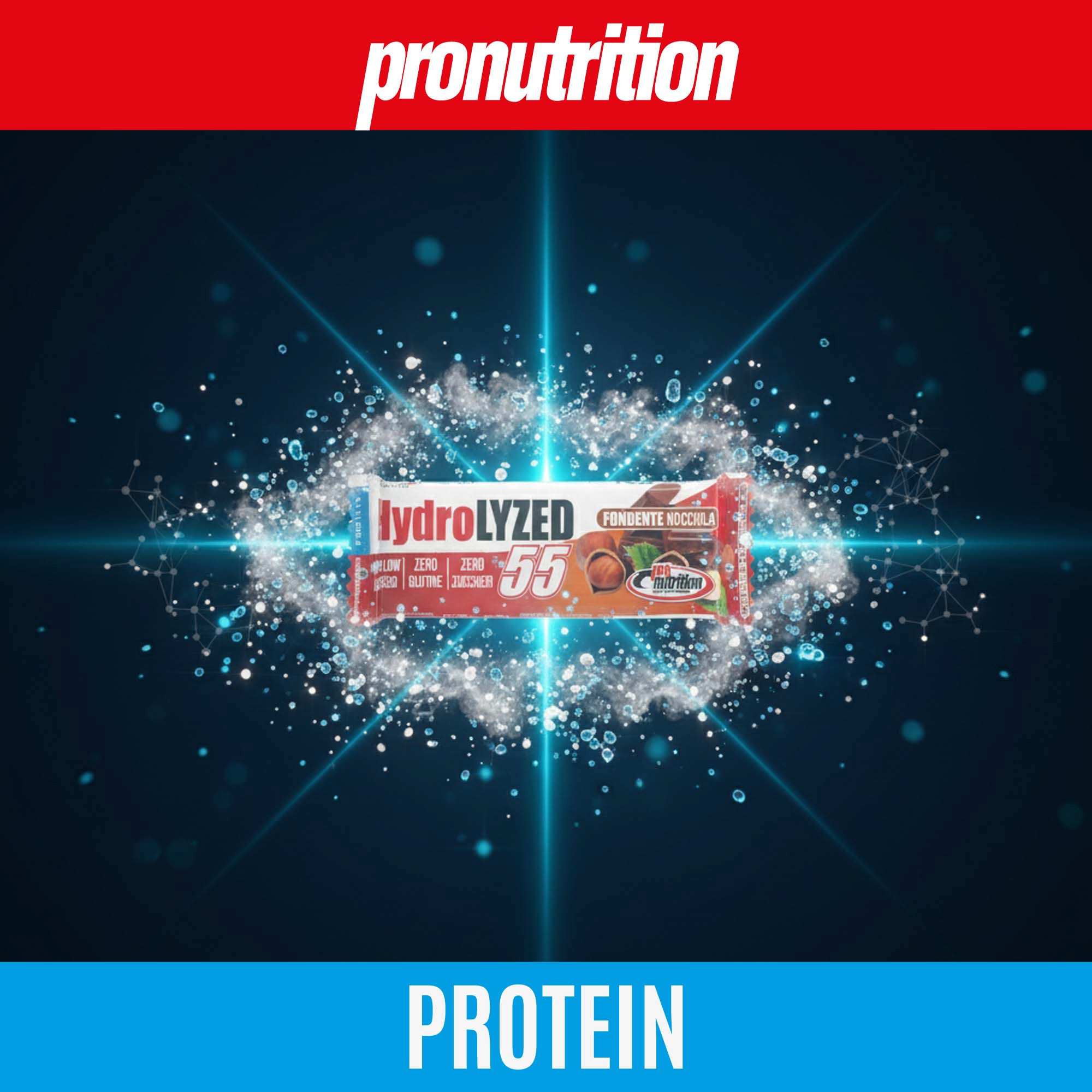 Barretta proteica con scritta HydroLYZED 55. Logo: Pronutrition. Sfondo: esplosione blu.