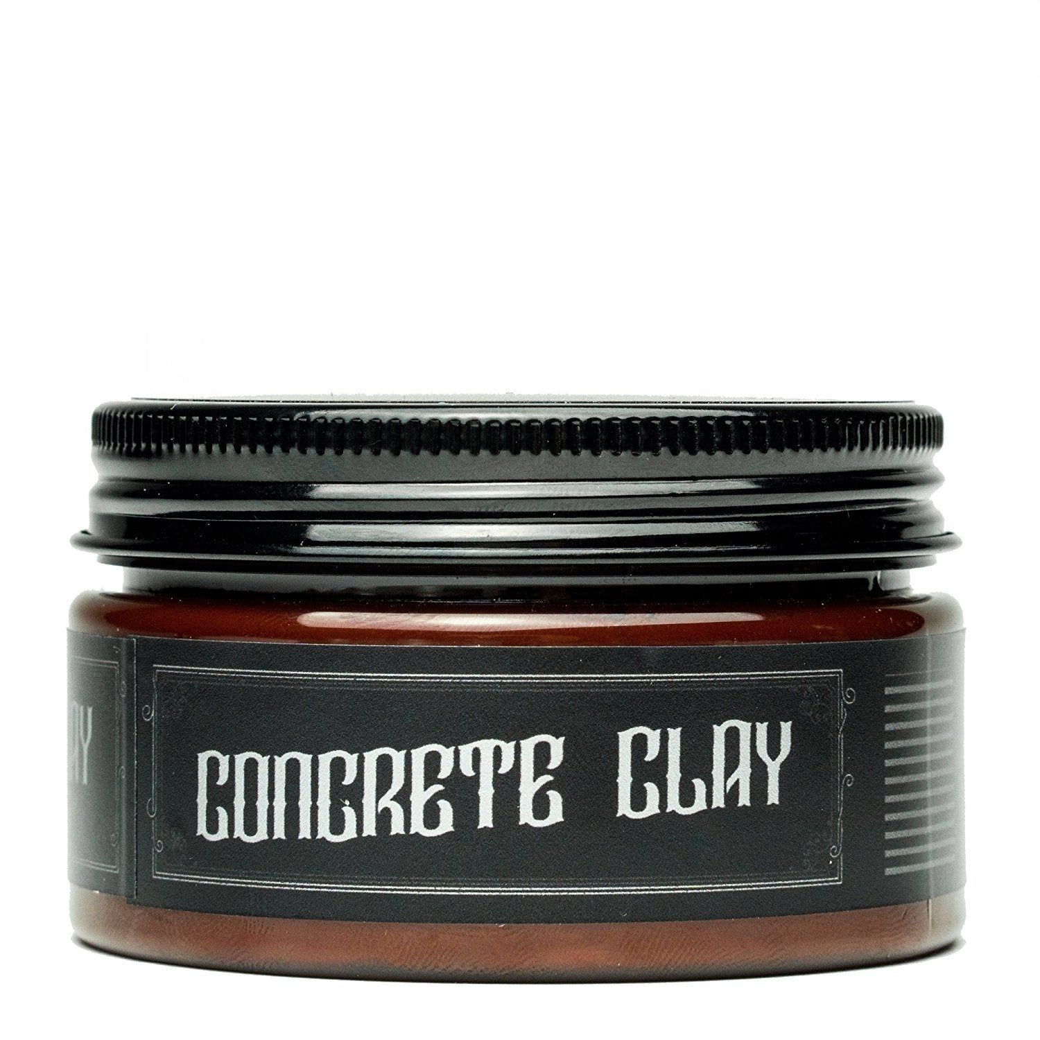Vasetto marrone con coperchio nero, etichettato "CONCRETE CLAY".