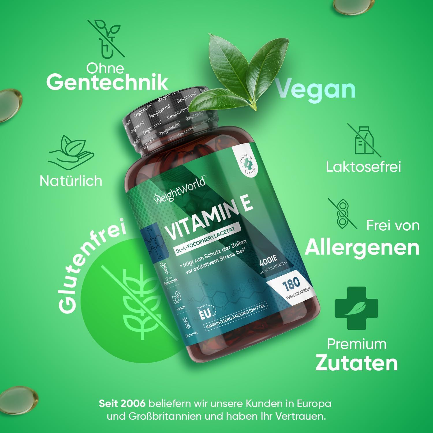 Flacone di capsule di vitamina E. Testo: Senza OGM, naturale, senza glutine, vegano, senza lattosio, senza allergeni, ingredienti premium.