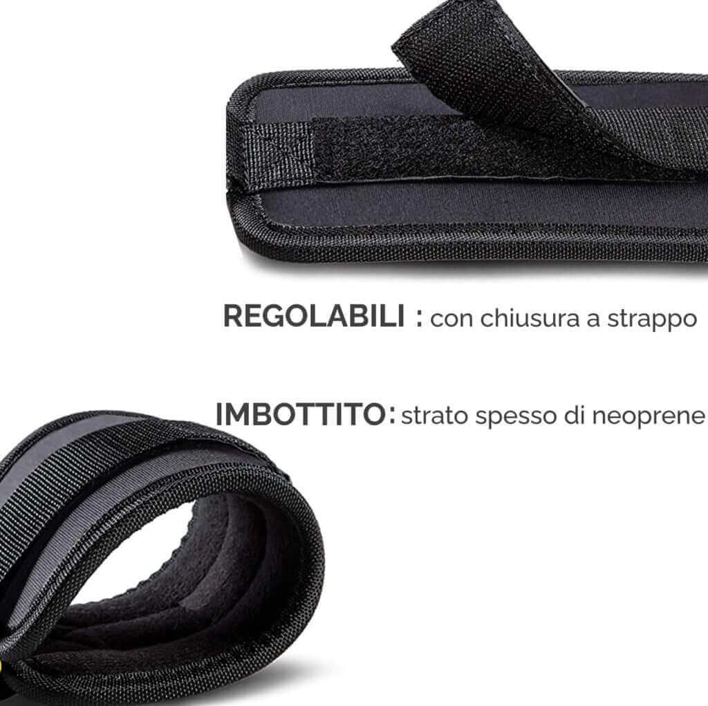 Primo piano di fascia per caviglia nera con chiusura a strappo. Testo: REGOLABILI: con chiusura a strappo, IMBOTTITO: spesso strato di neoprene.
