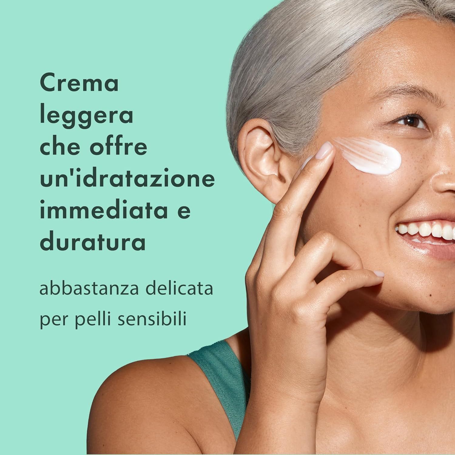 Donna applica crema. Testo: Crema che offre idratazione immediata e duratura. Abbastanza delicata per pelli sensibili.