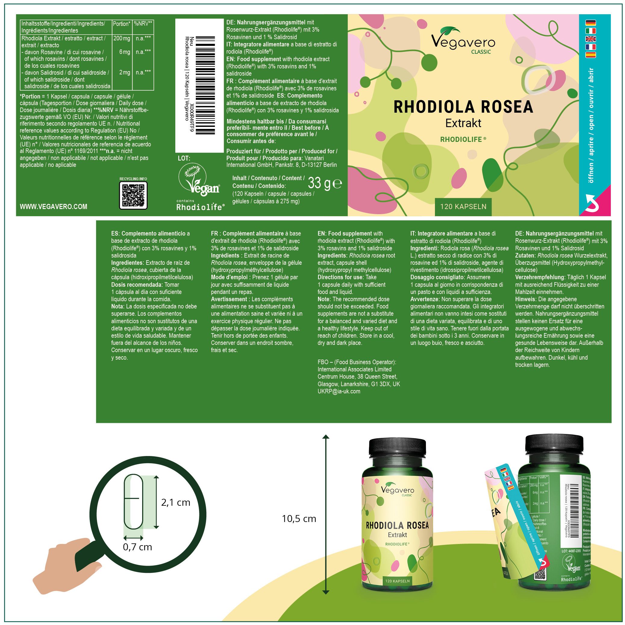 Confezione del prodotto con etichette. Contiene informazioni su ingredienti, dosaggio e produttore. Contiene un'immagine della capsula.