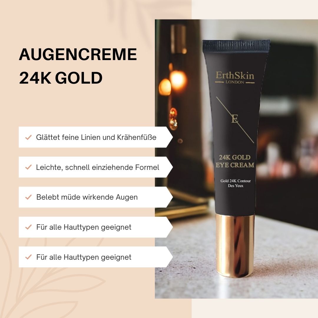 Tubo nero di crema per occhi con tappo dorato. Scritta: ErthSkin London, 24K Gold Eye Cream. Testo: Crema occhi 24K Gold.