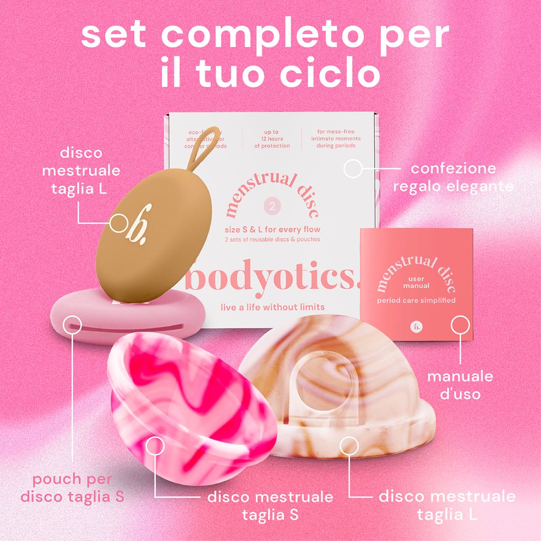 Set mestruale con dischi (S/L), sacchetto, manuale utente e confezione regalo.