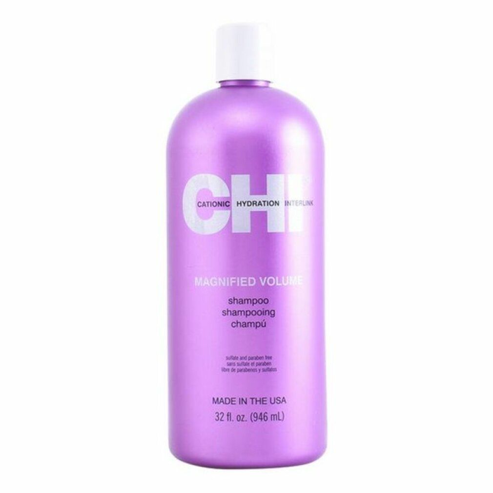 Flacone di shampoo viola con tappo bianco. Scritta: CHI Magnified Volume. 32 fl. oz. (946 ml).