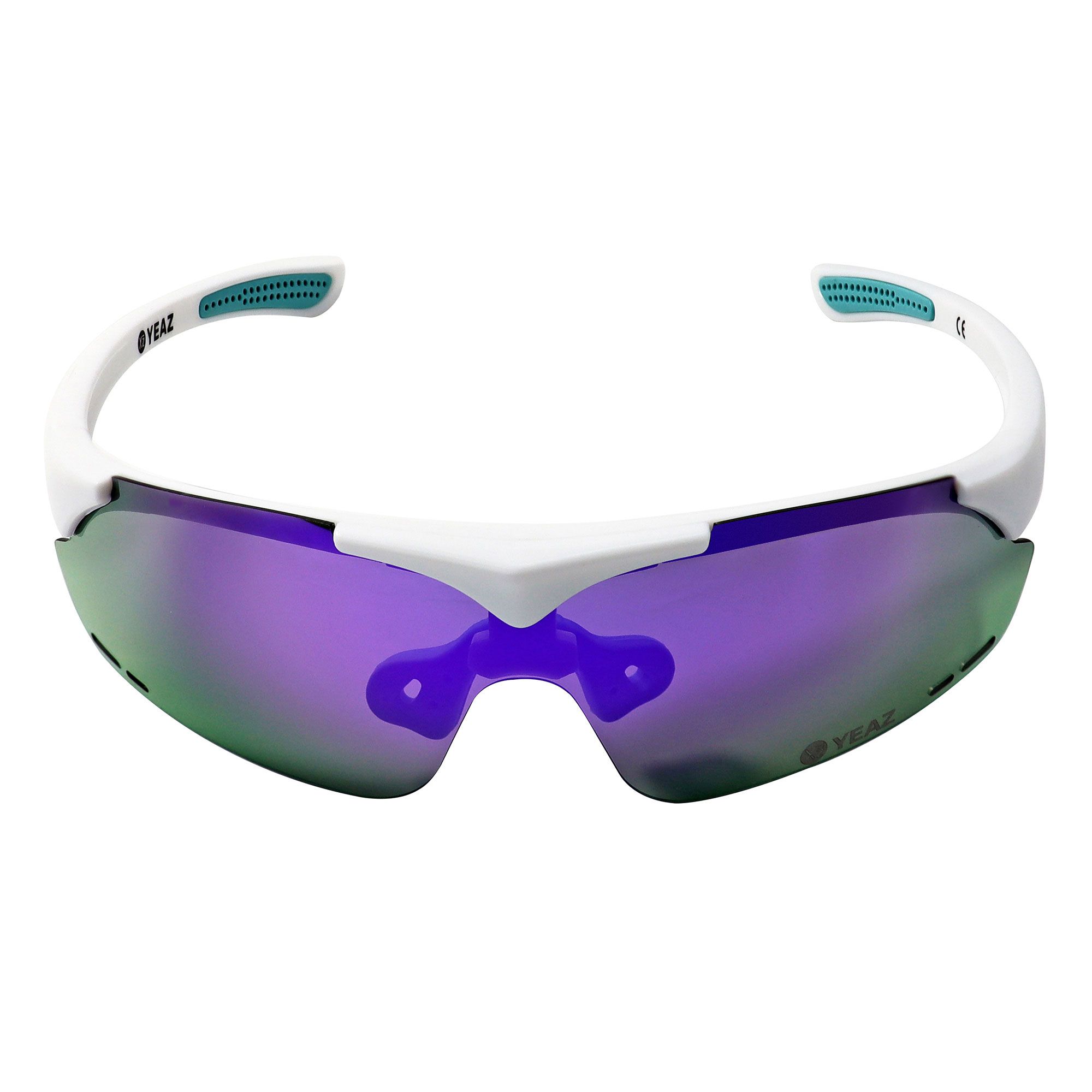 Occhiali da sole sportivi bianchi con lenti a specchio viola e terminali delle stanghette gommati.