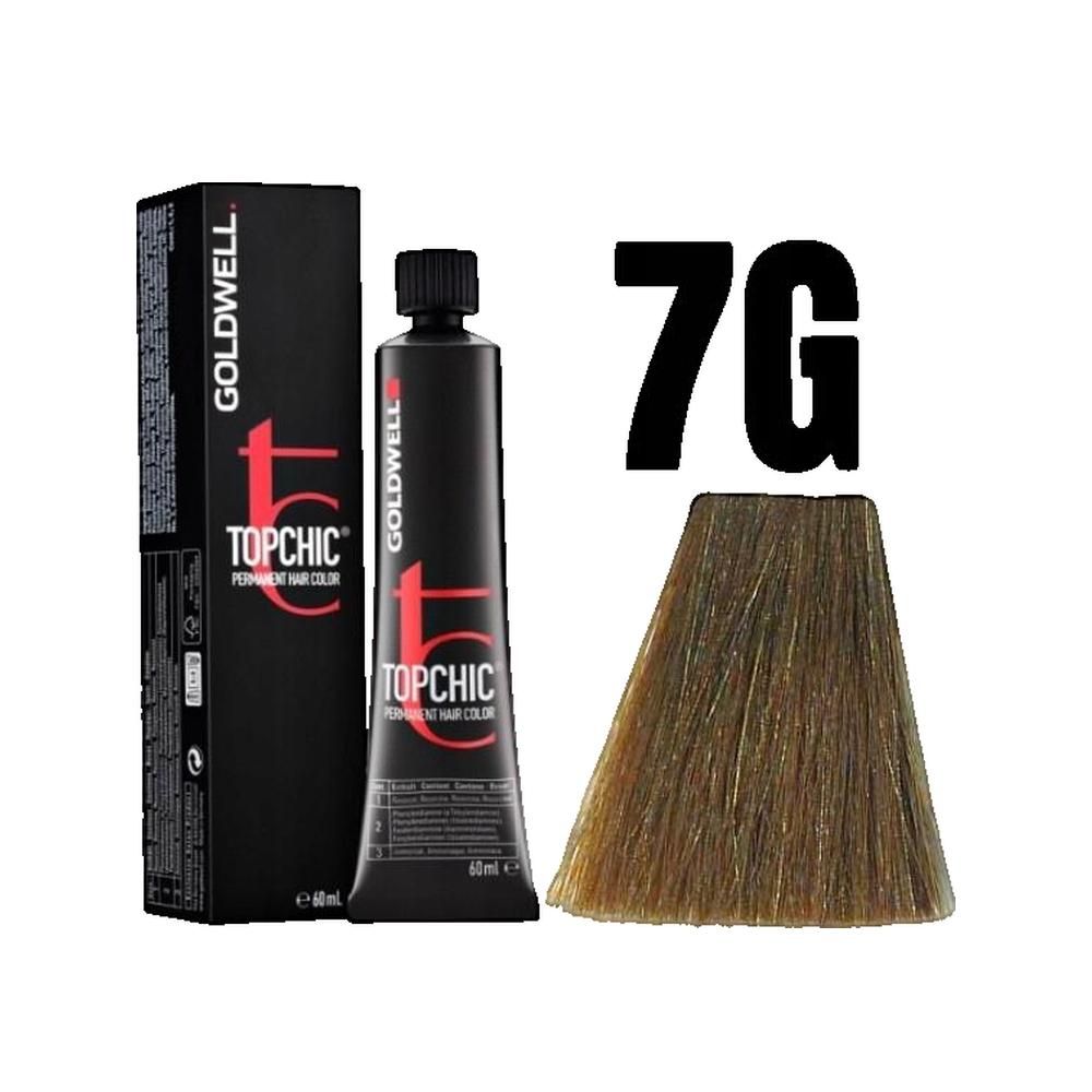 Goldwell Topchic, tubo e confezione. Tonalità 7G, ciocca di capelli. Tubo nero, confezione nera con testo rosso.