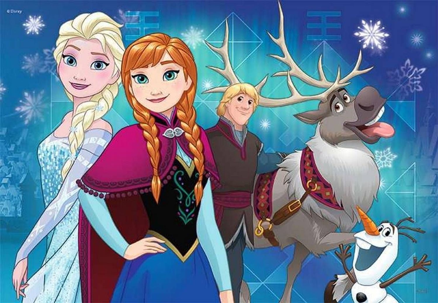 Puzzle con Elsa, Anna, Olaf, Kristoff e Sven. Sfondo con fiocchi di neve. Personaggi del film Frozen.