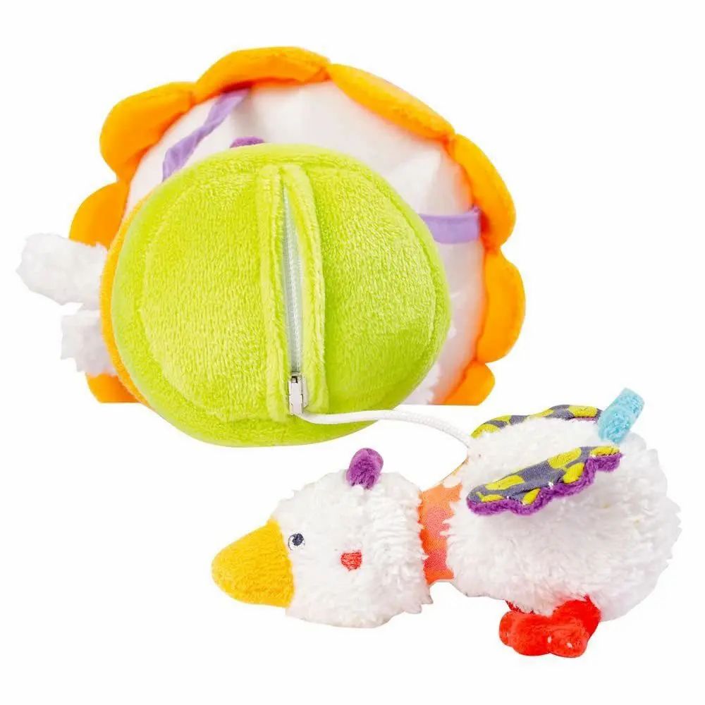 Topolino di peluche con cerniera. Cerchio verde con cerniera, topolino bianco con ali e piede rosso.
