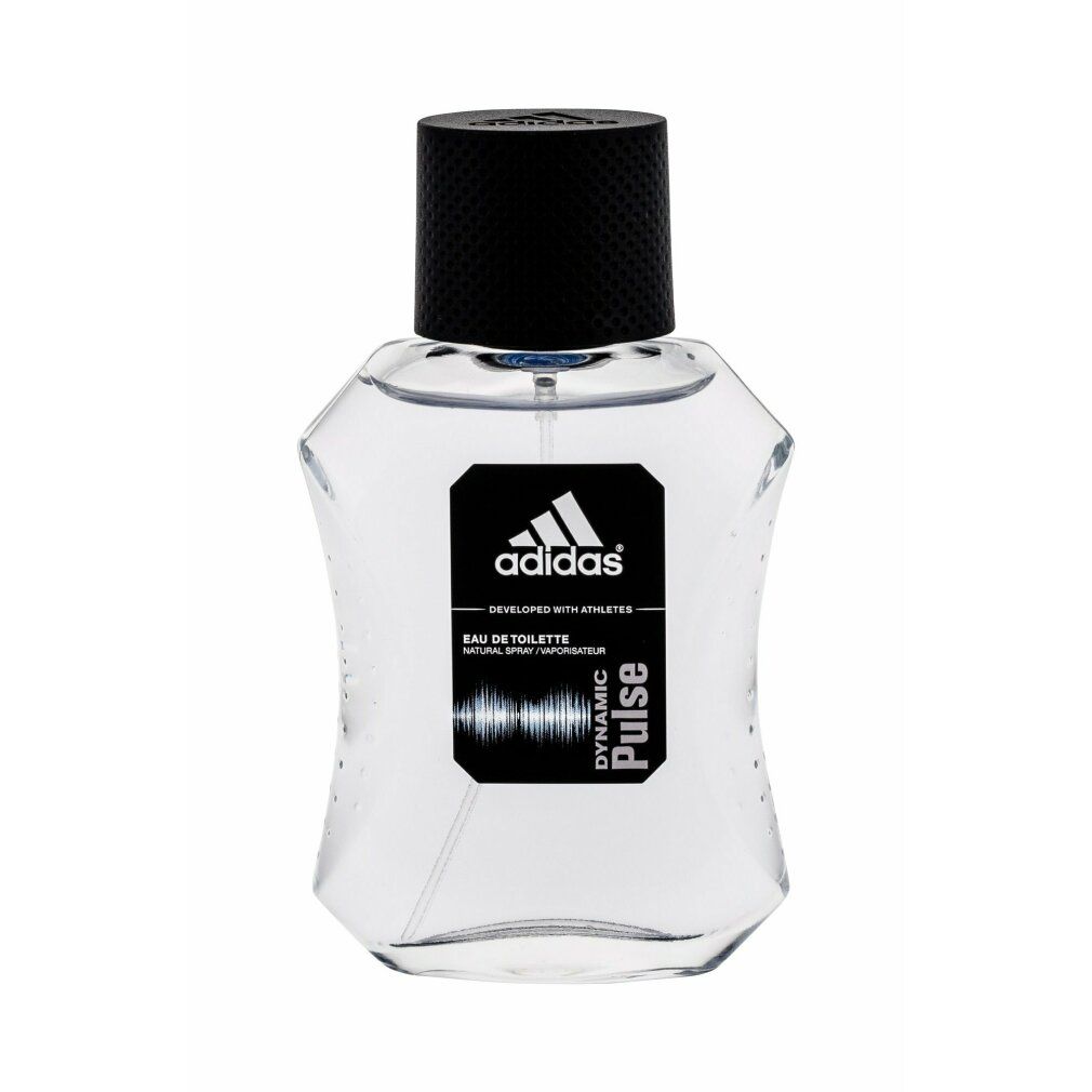 Adidas Dynamic Pulse Eau de Toilette. Flacone trasparente con tappo nero. Etichetta nera con logo e nome del prodotto.
