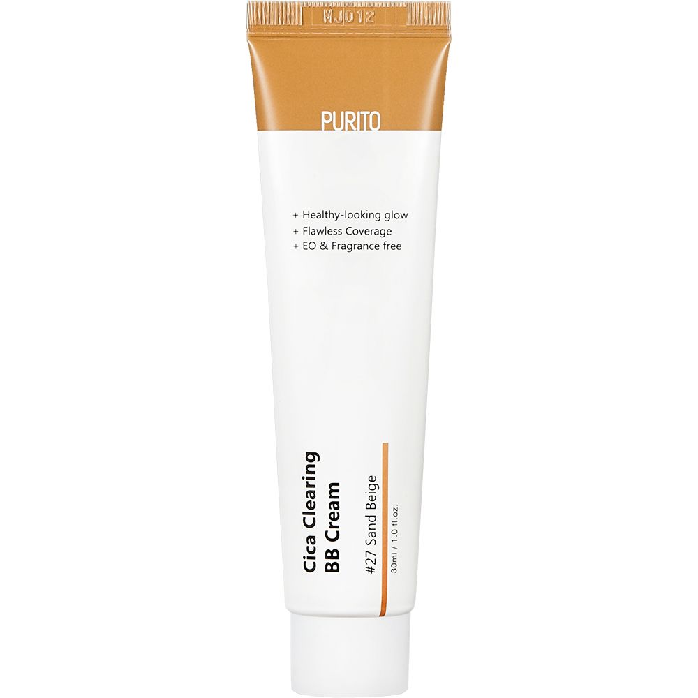 Tubo di crema BB. Tubo bianco con tappo marrone. Scritta: Purito Cica Clearing BB Cream, #27 Sand Beige.