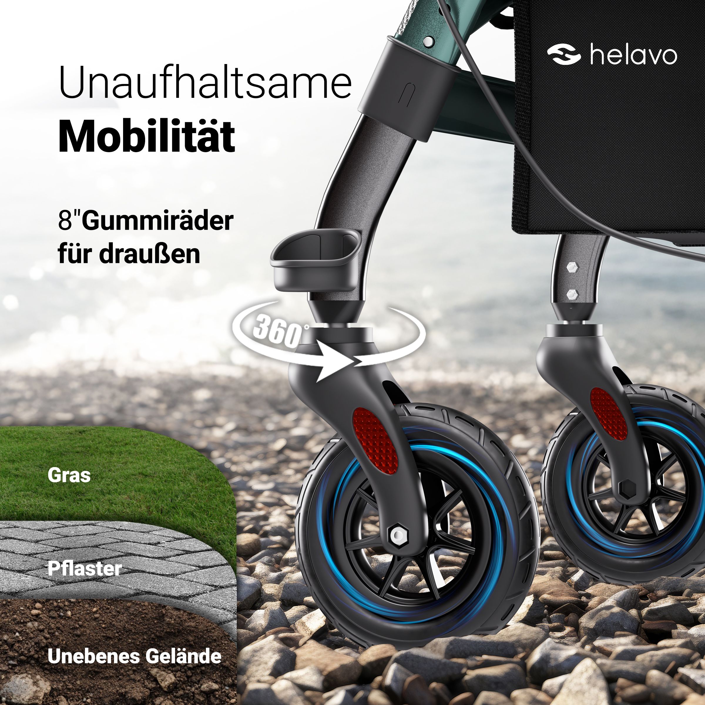 Rollator con ruote in gomma da 8 pollici per vari terreni.