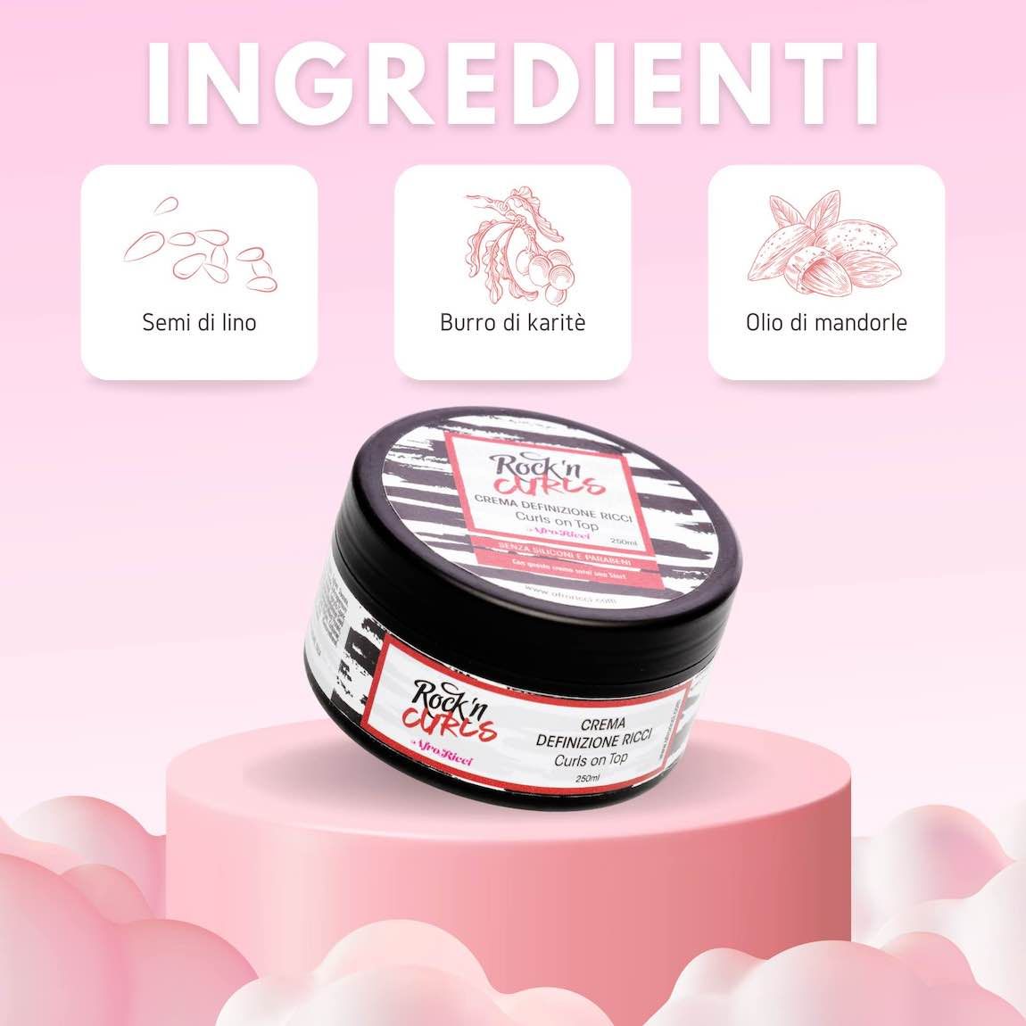 Prodotto su piedistallo rosa. Barattolo con etichetta rossa. Illustrazioni ingredienti: semi di lino, burro di karité, olio di mandorle. Testo: Ingredienti.