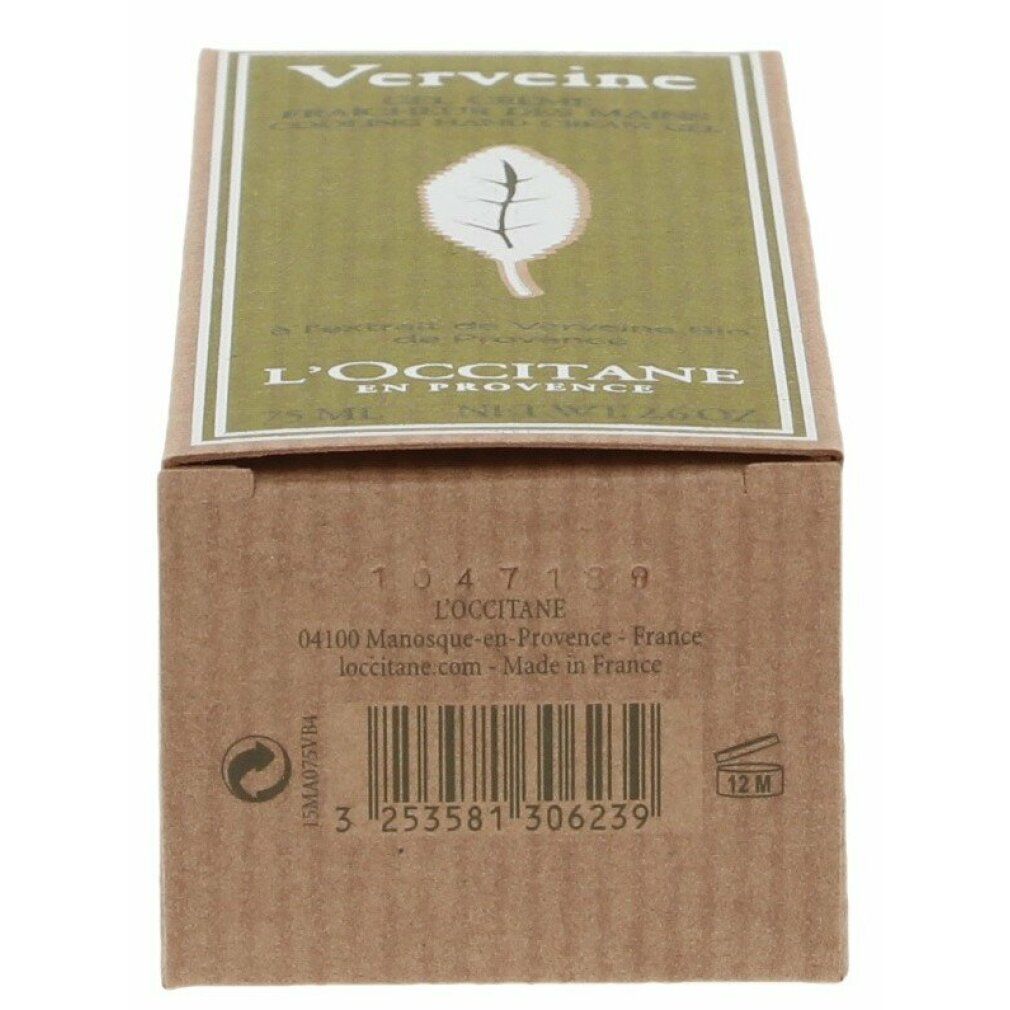 Scatola di cartone, parte superiore. Scritta Verveine, simbolo foglia, L'Occitane. Codice a barre e informazioni.