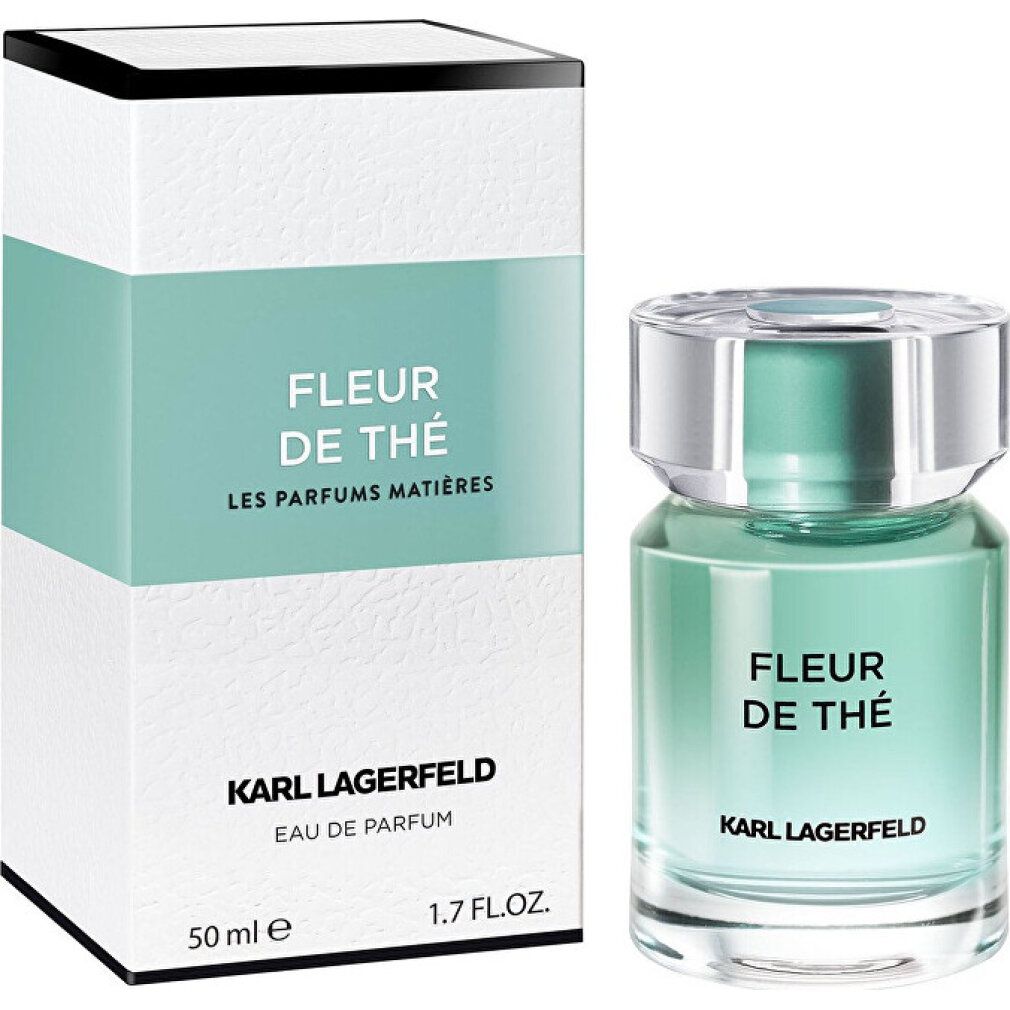 Flacone di profumo e confezione. Flacone: turchese, trasparente. Confezione: bianca, turchese. Scritta: FLEUR DE THÉ, KARL LAGERFELD.