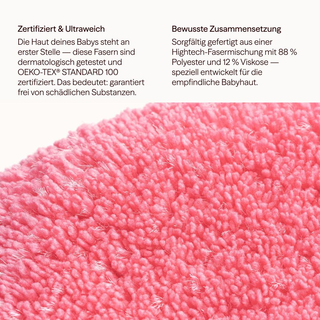 Primo piano di un dischetto lavabile rosa. Testo: Certificato e ultra-morbido, composizione consapevole. Certificato OEKO-TEX® Standard 100.