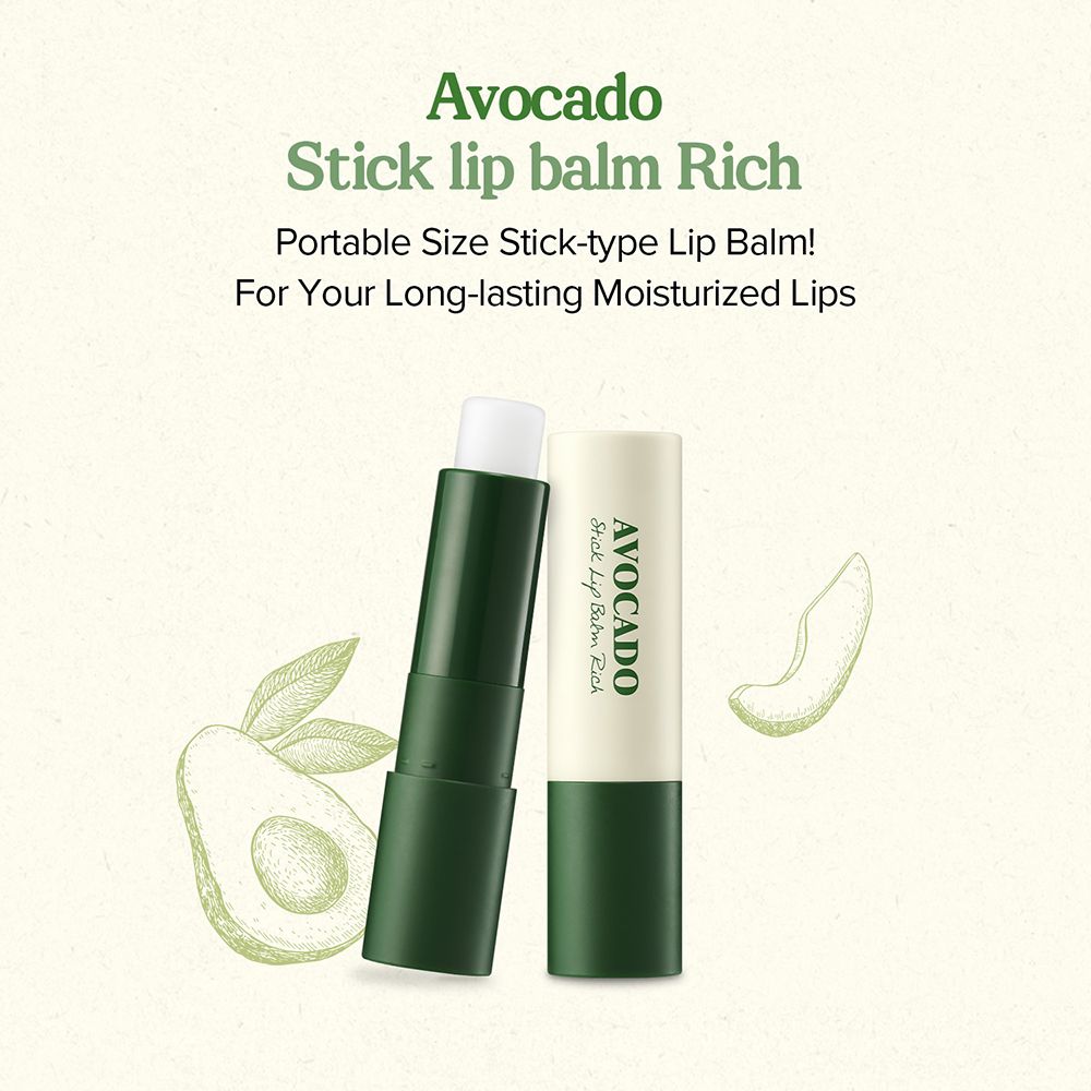Stick di balsamo labbra aperto. Balsamo bianco, involucro verde. Stick chiuso accanto. Disegno di avocado. Testo: Avocado Stick Lip Balm Rich.