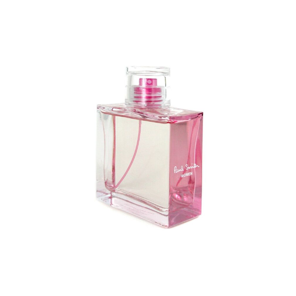 Flacone rettangolare in vetro con liquido rosa e vaporizzatore. Scritta rosa: Paul Smith Women.