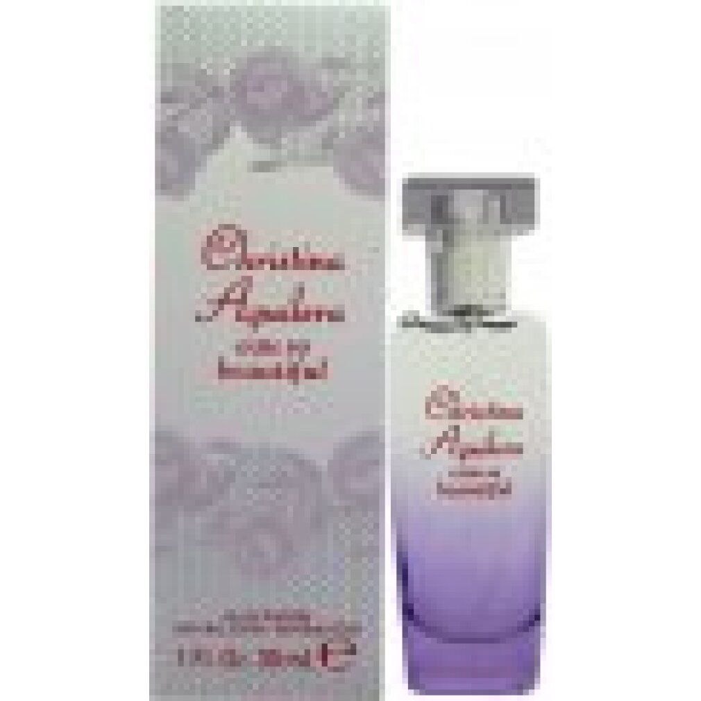 Flacone Christina Aguilera Eau So Beautiful con confezione. Flacone sfumato viola, confezione con motivo floreale.
