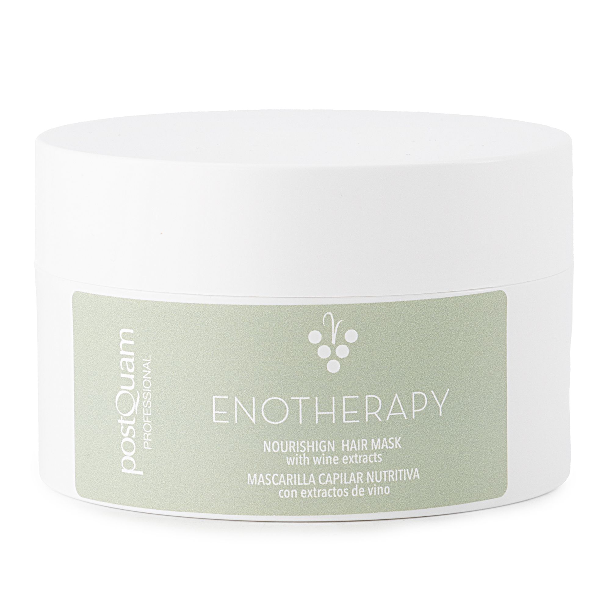 Vasetto bianco con maschera per capelli. Scritta: Postquam, Enotherapy, Nourishing Hair Mask.