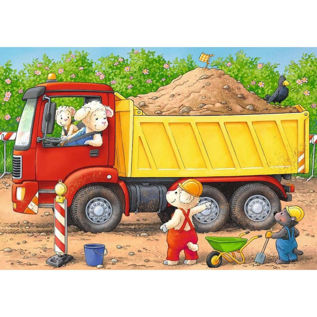 Puzzle con un camion. Sono raffigurati anche pecore, un cane e un topo.