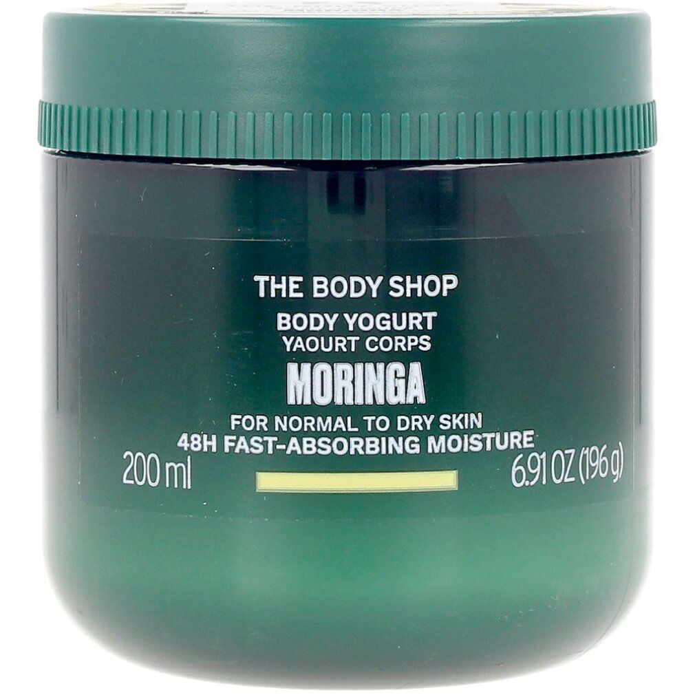 Vasetto verde con coperchio. Scritta: Body Yogurt Moringa, per pelli normali e secche, idratazione 48h. 200 ml.