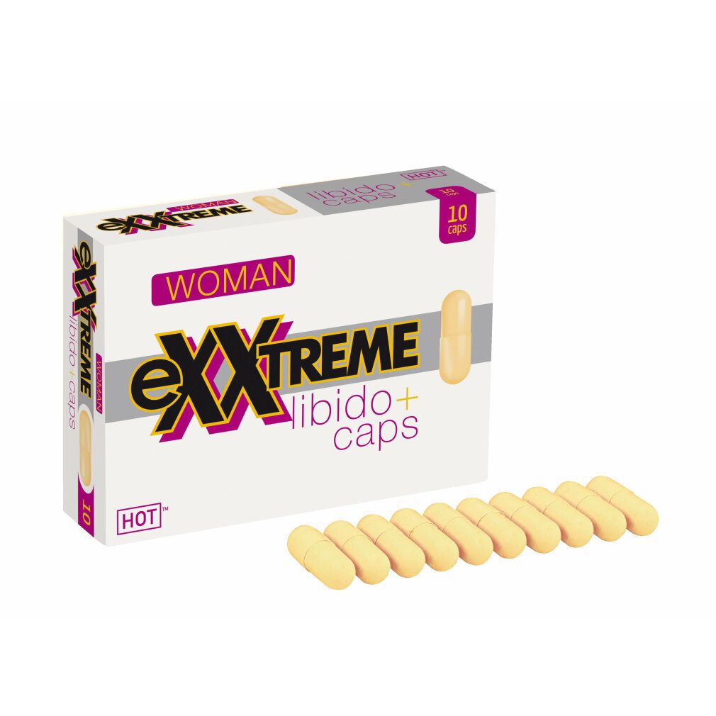 Scatola bianca con eXXtreme, WOMAN, Libido+ caps e 10 capsule. Accanto, 10 capsule gialle.