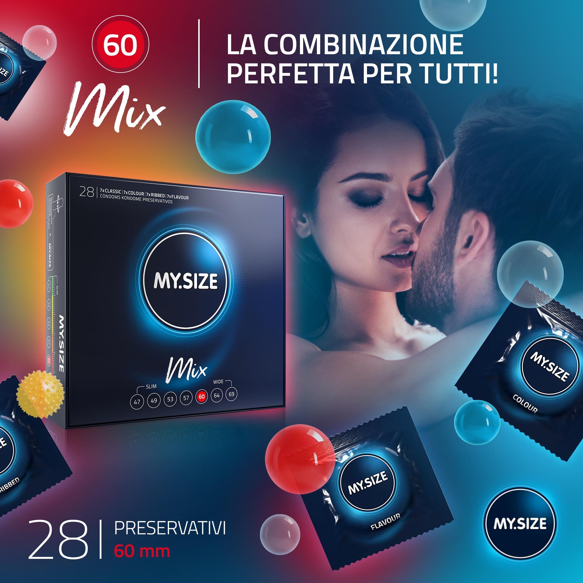 Preservativi MY.SIZE Mix, 28 pezzi, misura 60mm. Confezione con diverse varietà e una coppia.