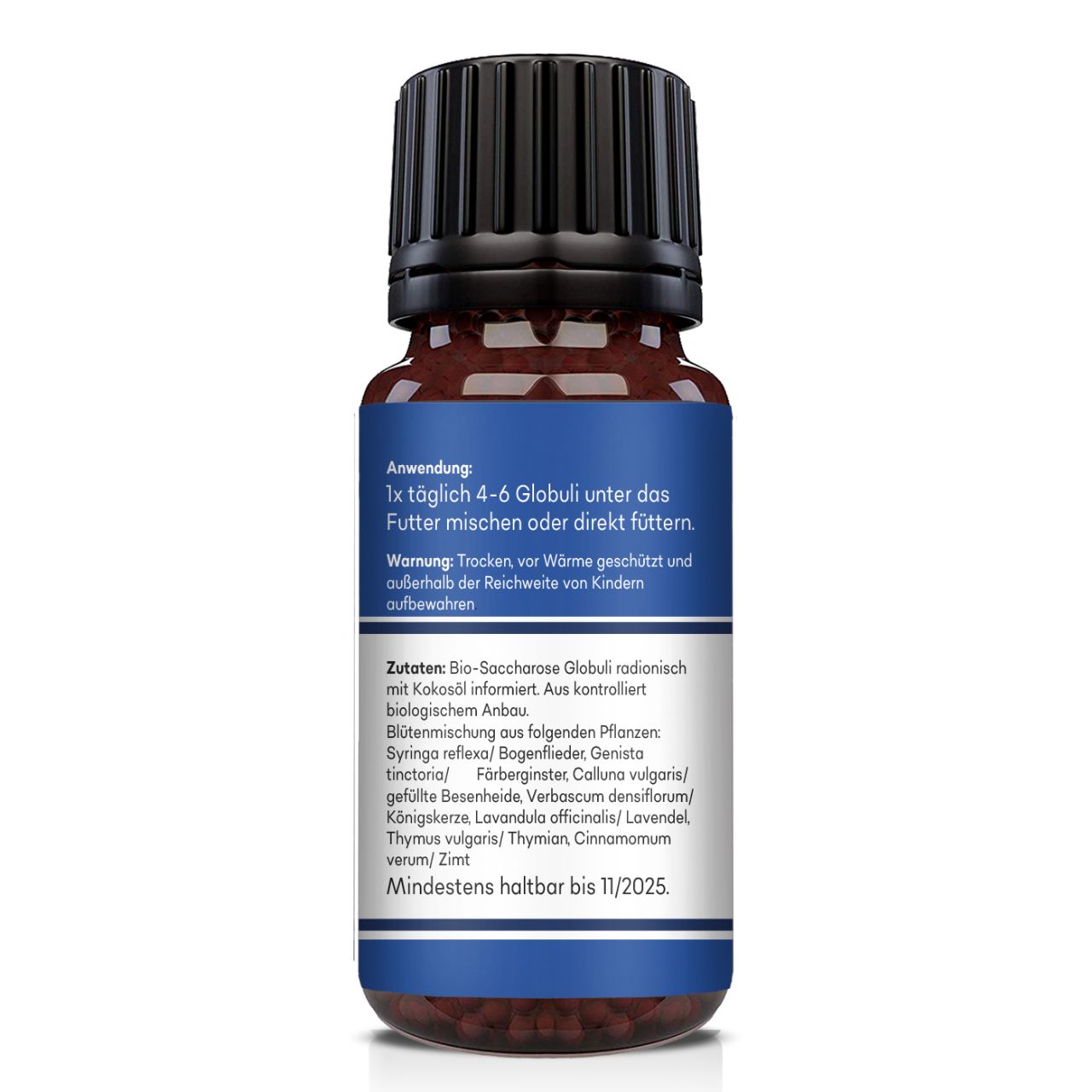 Flacone di vetro marrone con tappo nero. Etichetta blu con testo. Contiene informazioni sugli ingredienti e l'uso.