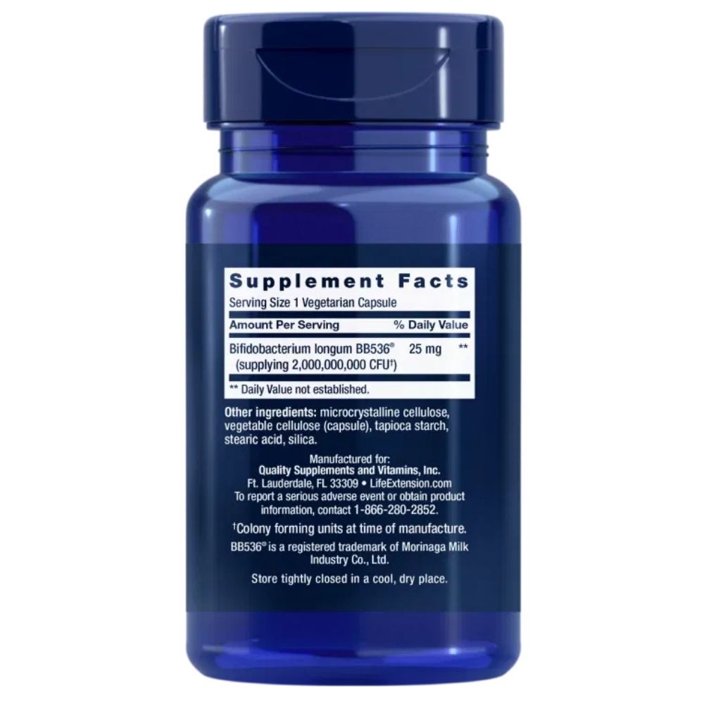 Retro di un flacone blu scuro con "Supplement Facts" e elenco ingredienti per "Bifido GI Balance".