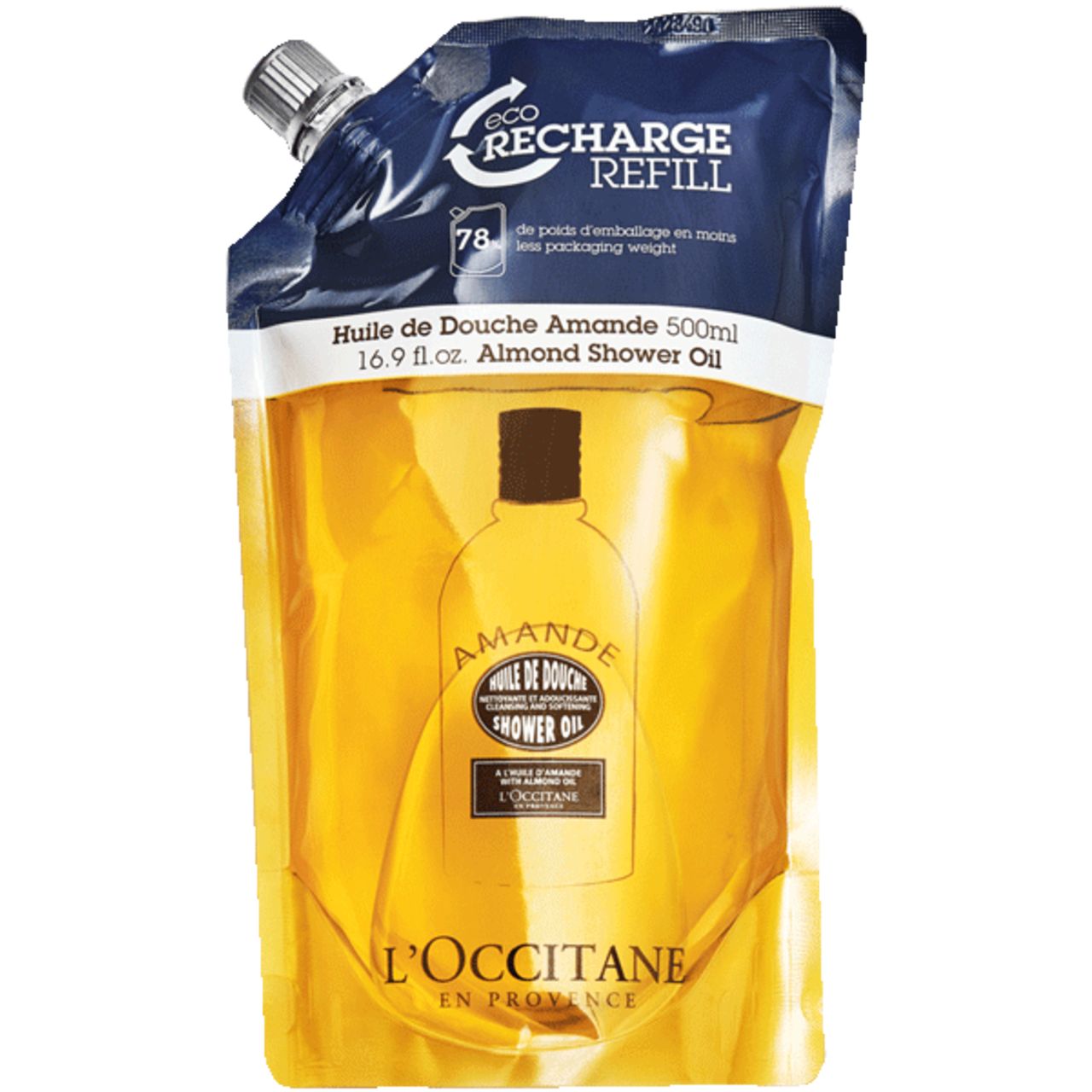Ricarica di olio doccia alla mandorla. Scritta: Eco Recharge Refill. L'Occitane.