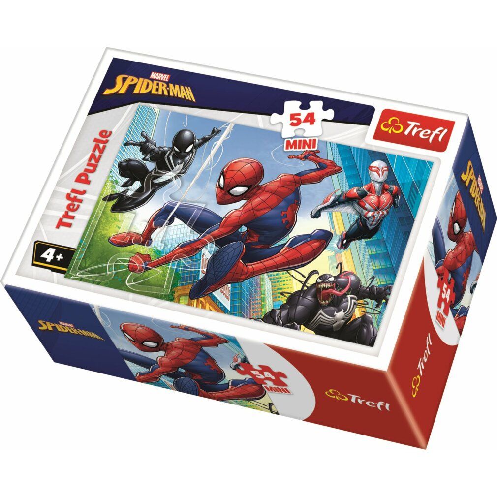 Puzzle Trefl Spiderman: Ein Team, 54 pezzi. Confezione con Spiderman. Logo e scritta 'Trefl'. Età consigliata 4+.
