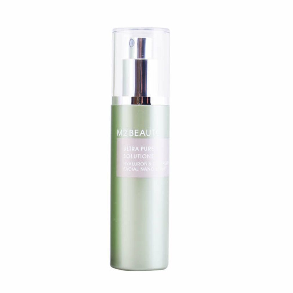 Flacone verde con vaporizzatore. Scritta: M2 Beauté, Ultra Pure Solutions, Hyaluron & Collagen Facial Nano Spray.