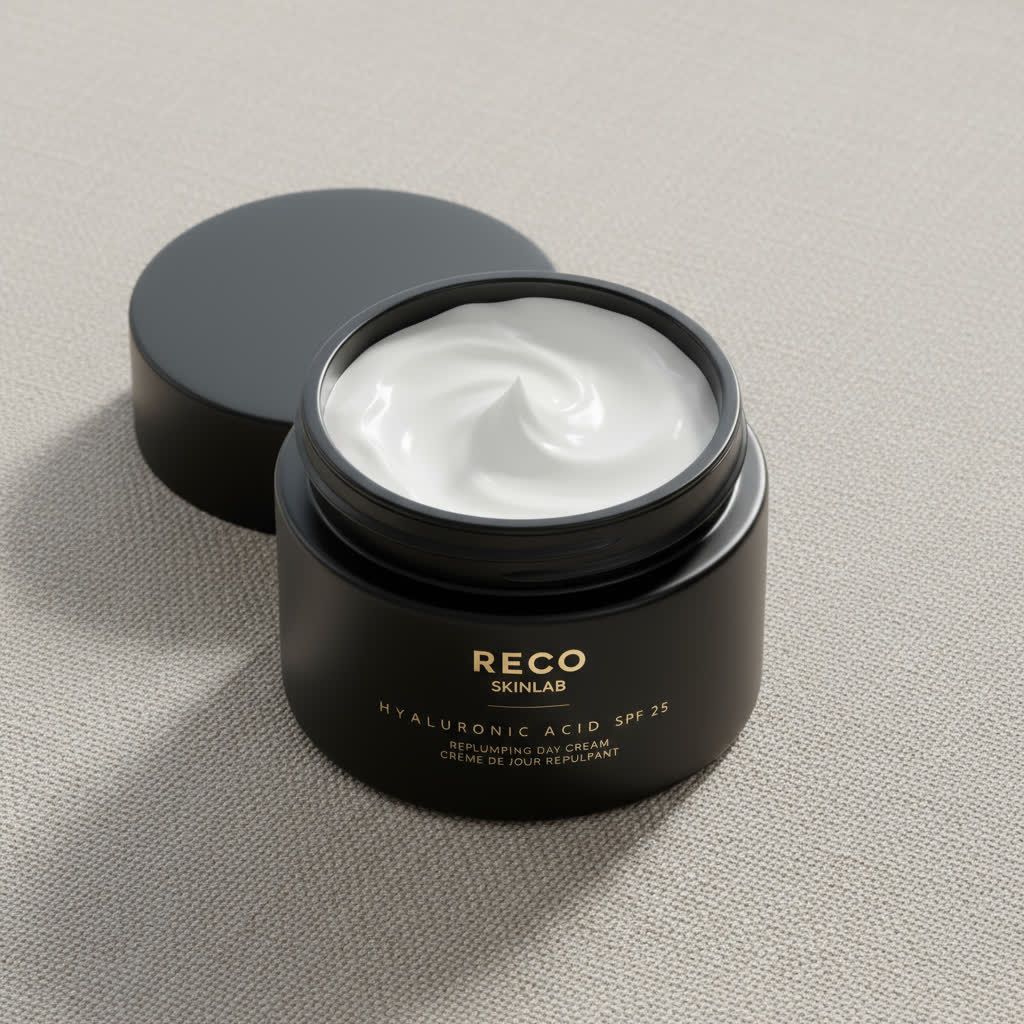 Vaso nero aperto con crema bianca. Scritta: RECO SKINLAB, HYALURONIC ACID SPF 25.