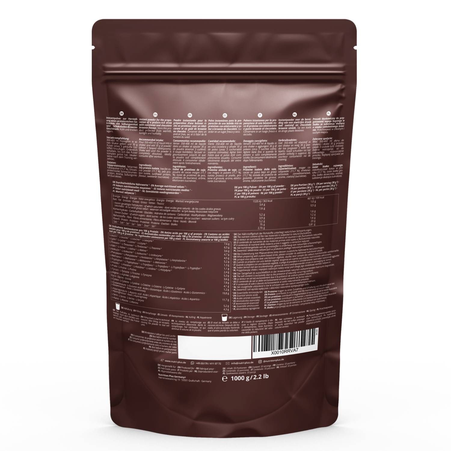 Retro di un sacchetto marrone di proteine vegane 3k. Testo: informazioni nutrizionali, ingredienti, informazioni sul produttore, codice a barre. Peso: 1000 g / 2,2 lb.