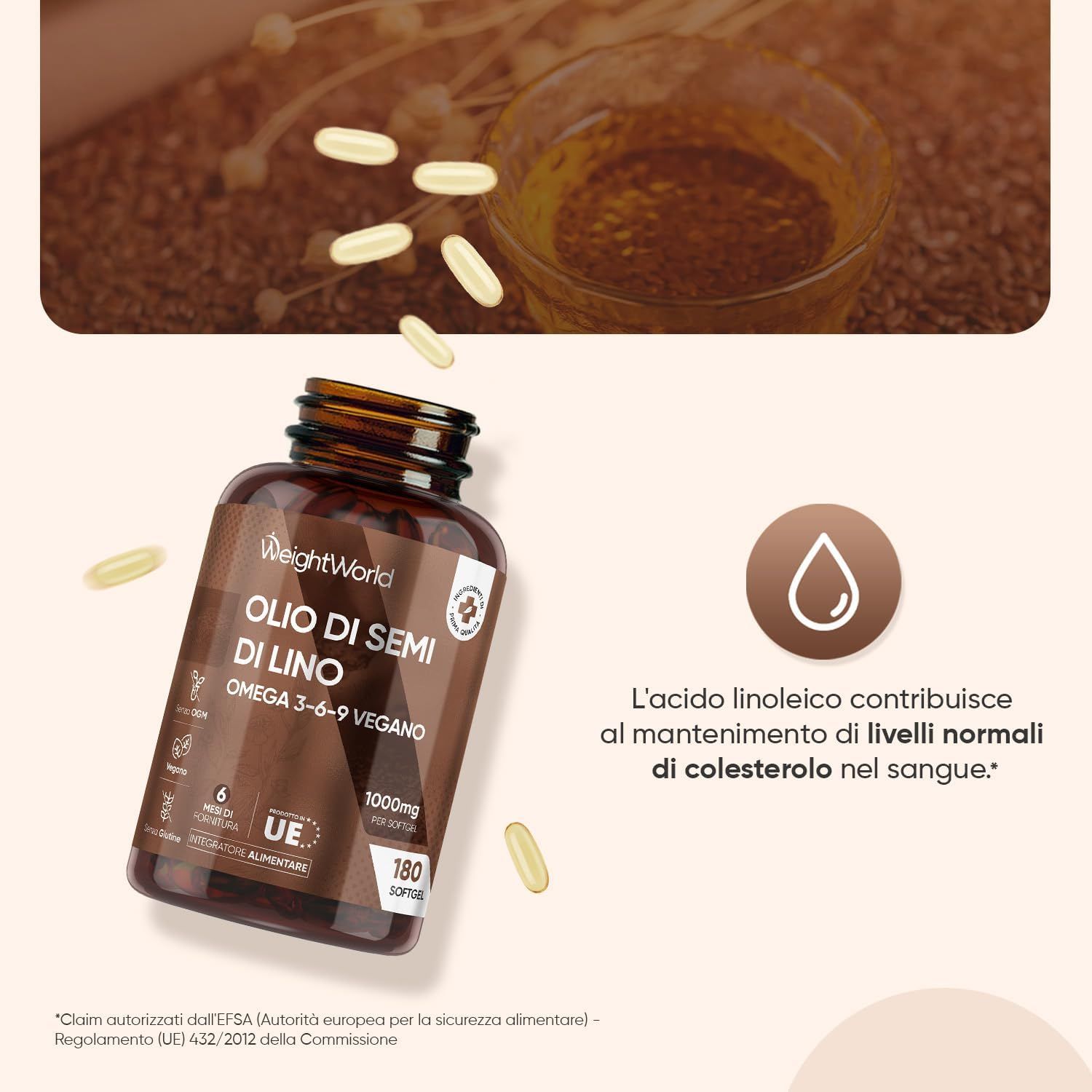 Immagine del prodotto con flacone, semi di lino e capsule. Testo: Olio di semi di lino, omega 3-6-9 vegano.