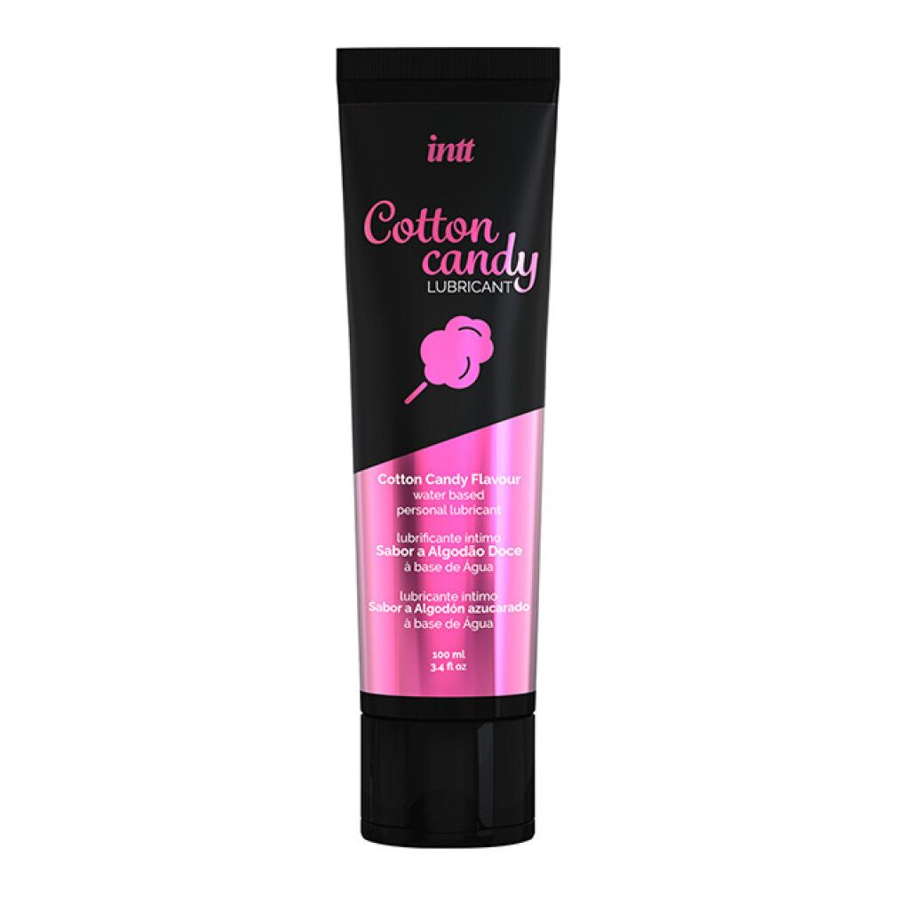Tubo nero con dettagli rosa. Scritta: INTT, Cotton Candy Lubricant. Contiene 100 ml.