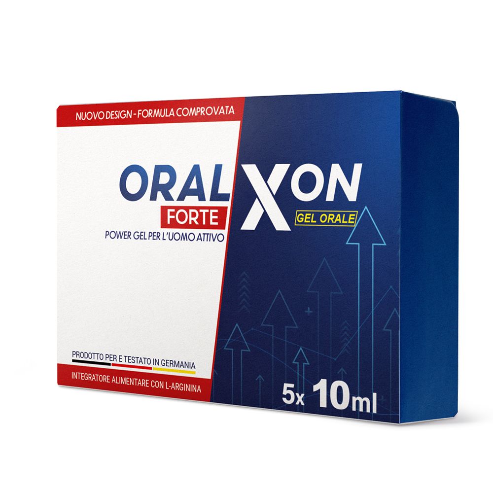 Scatola del prodotto "Oralxon Forte". Confezione blu e bianca. Contiene 5 x 10 ml. Scritta: "Per l'uomo attivo".