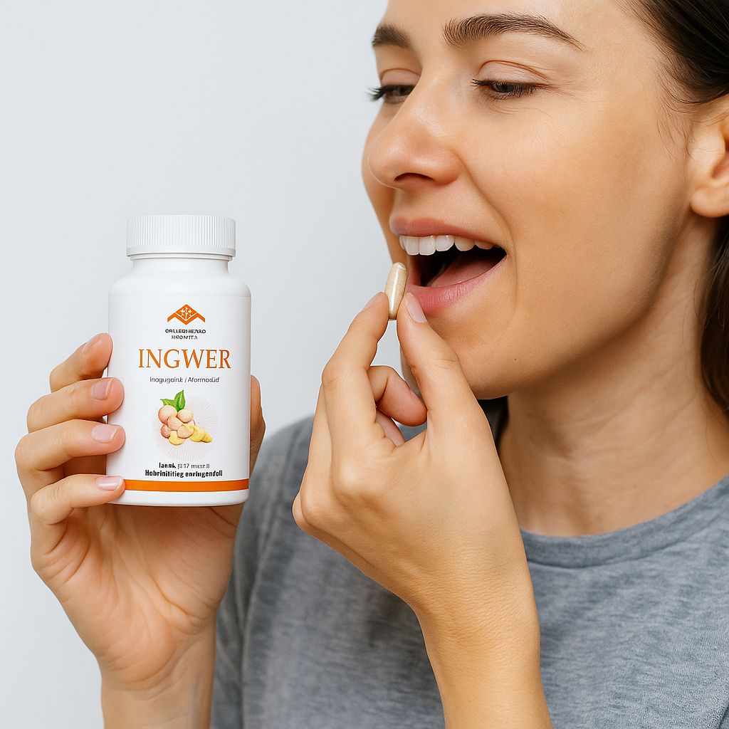 Donna che prende una capsula. Accanto a lei, un flacone con la scritta INGWER. Logo: Pharma Health.
