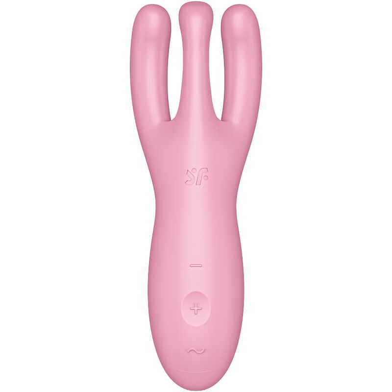 Vibratore rosa con tre punte. Pulsanti di controllo con simboli più e meno. Logo "sf".