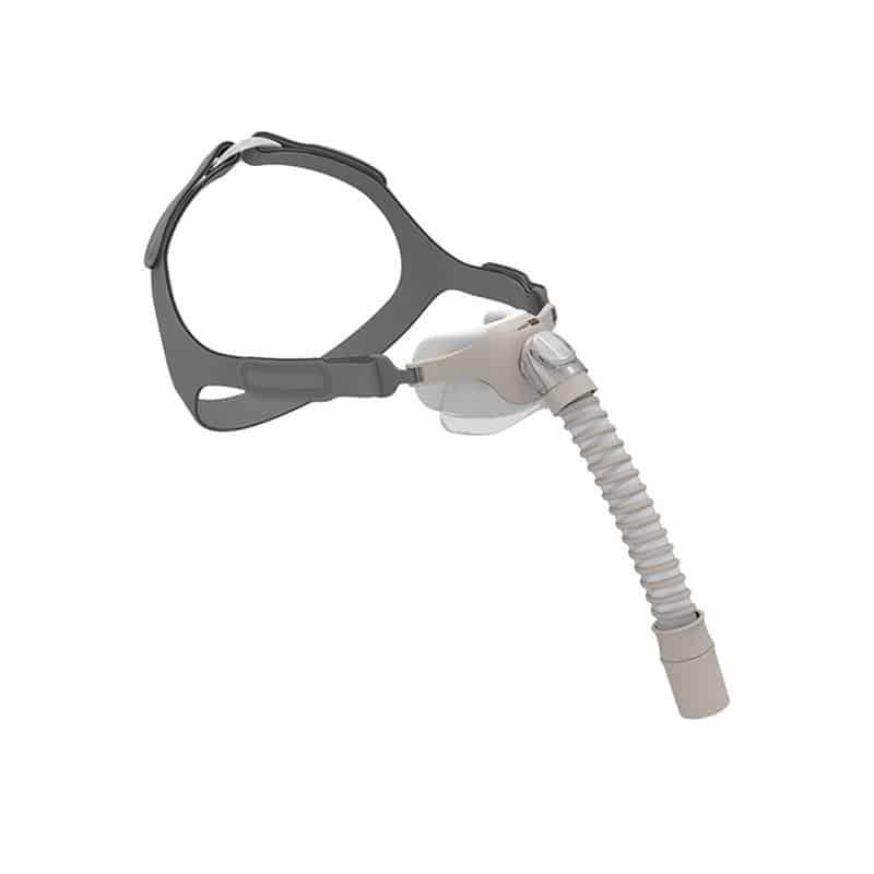 Imbracatura grigia con maschera nasale beige e tubo flessibile.