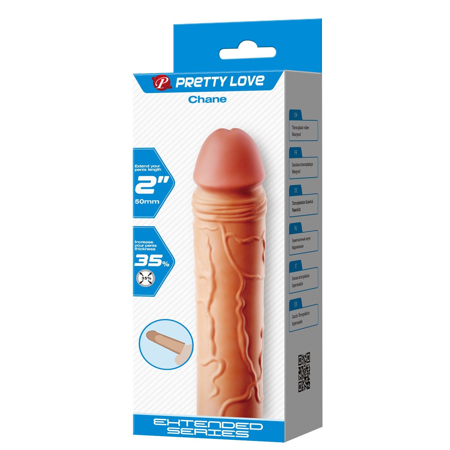 Confezione del prodotto. Mostra un pene beige con punta rosa. Testo: Chane, 2", 35%.
