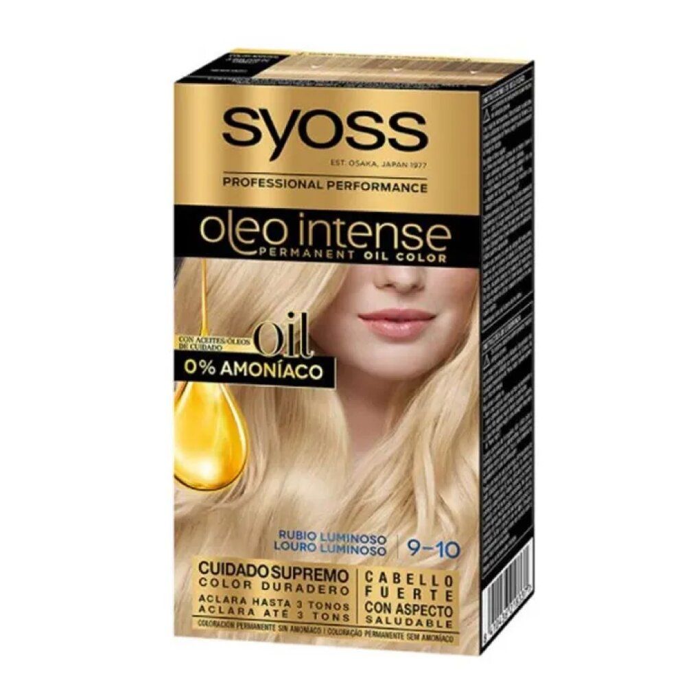 Syoss Oleo Intense 9-10 Biondo Luminoso. Confezione con immagine del prodotto e testo. 0% ammoniaca.