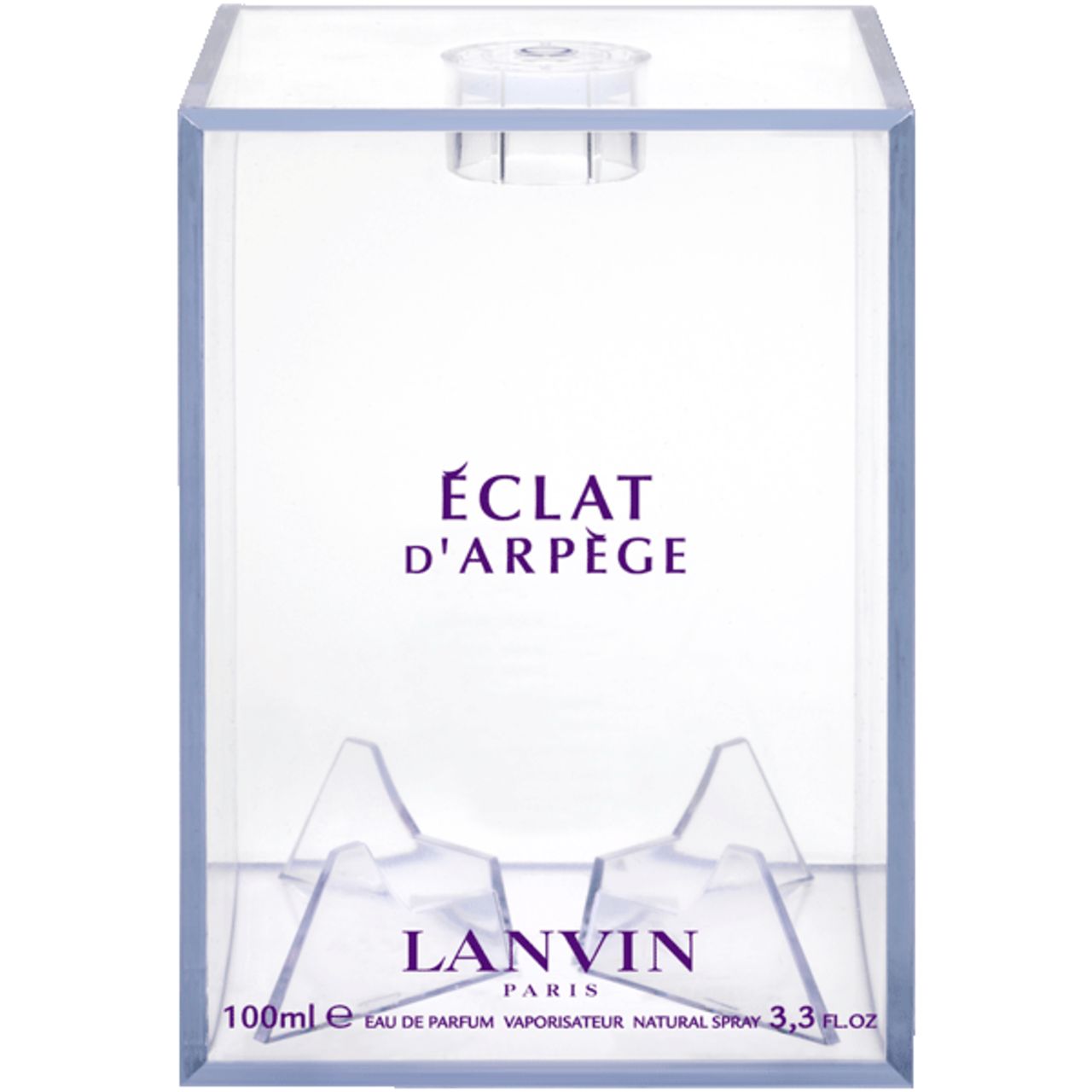 Confezione trasparente con Lanvin Eclat d'Arpège. Testo: Eclat d'Arpège, Lanvin Paris, Eau de Parfum, Natural Spray.